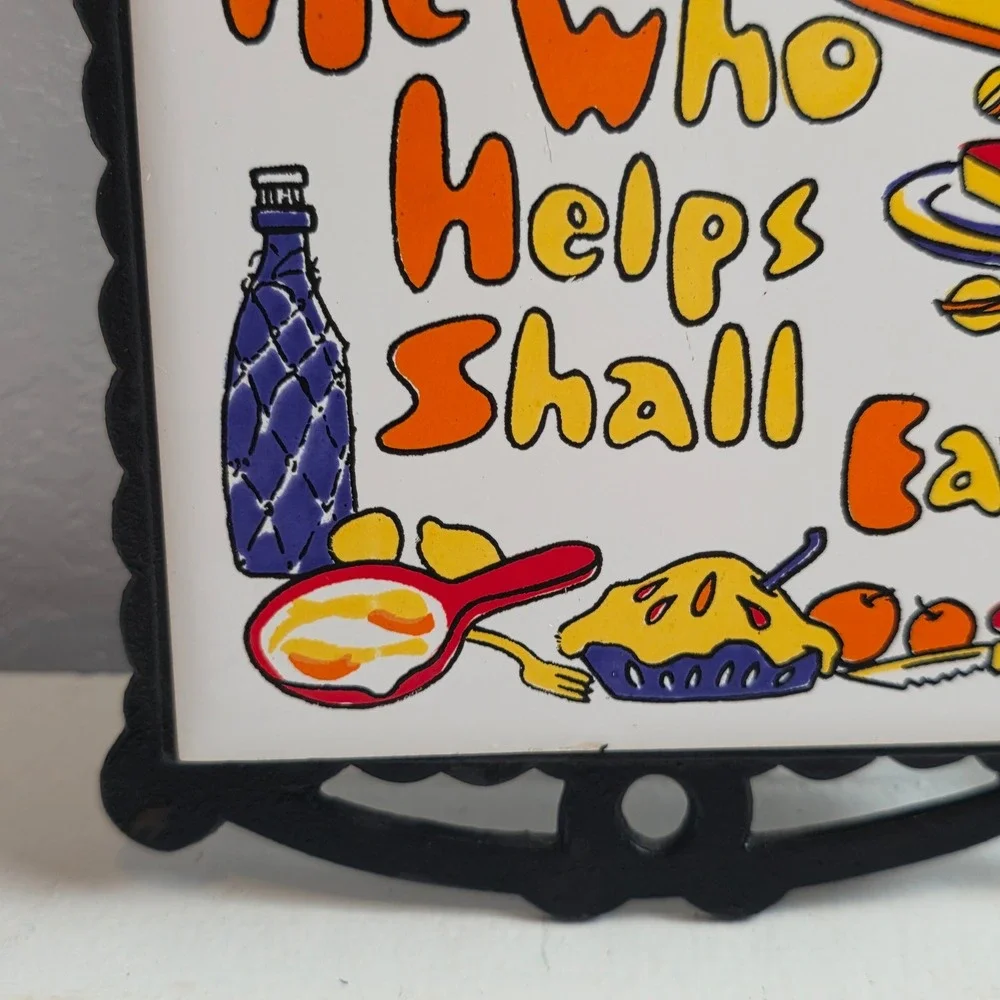 Vintage Cast Iron Trivets 'He Who Helps Shall Eat' Ceramic Tile‎ & Scroll Pair